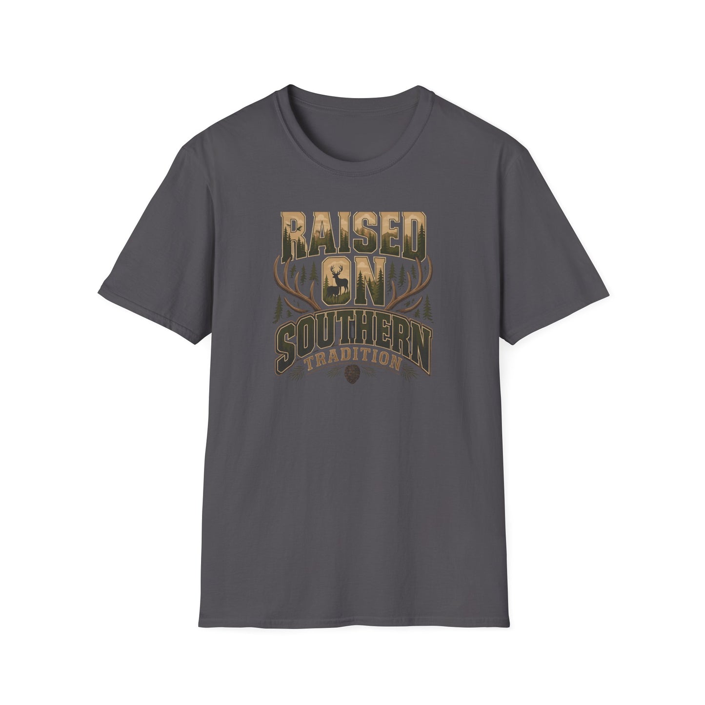 Raised On Southern Tradition Deer Antlers Pinecone T-Shirt