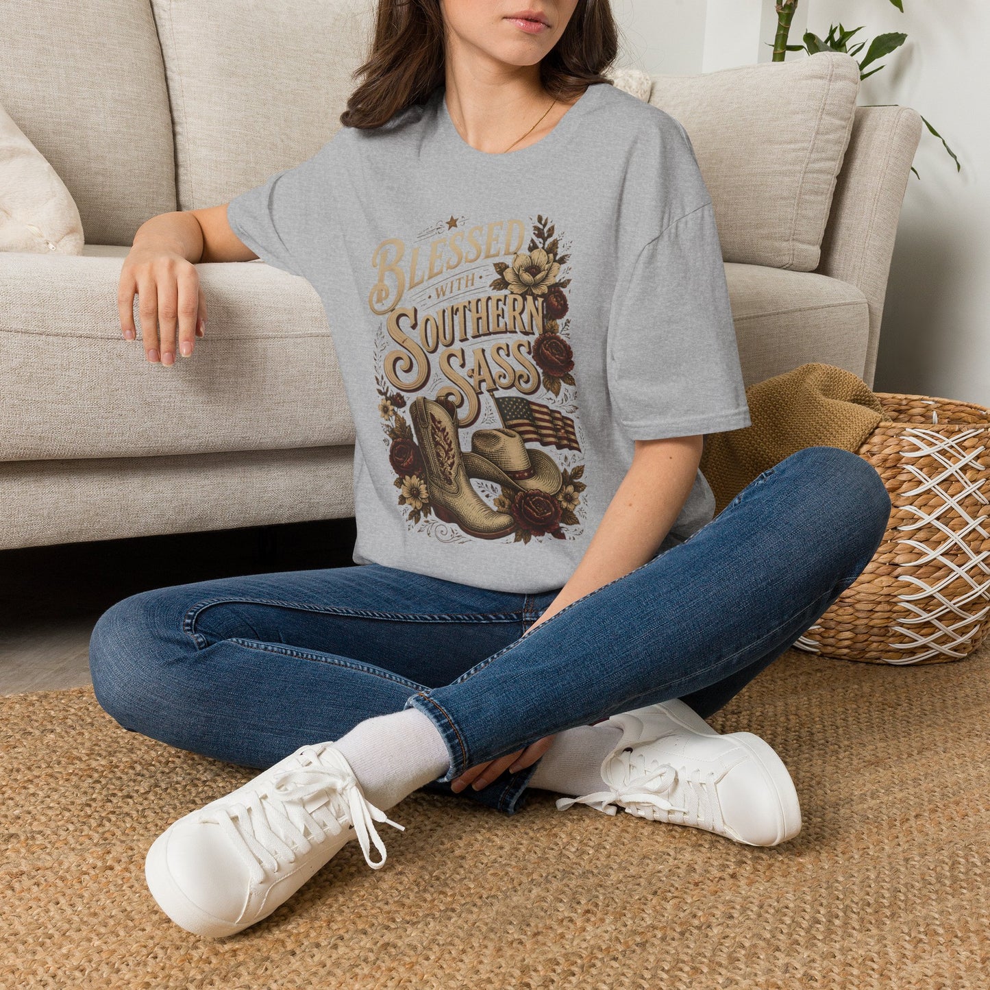 Blessed With Southern Sass Cowboy Boots Hat Flag T-Shirt