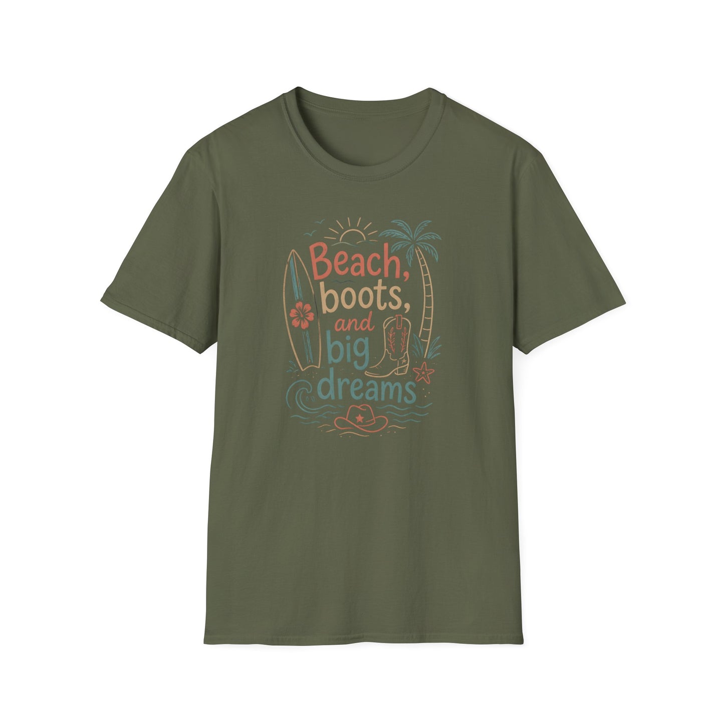 Beach Boots Big Dreams Surf Palm Tree Summer Vacation T-Shirt