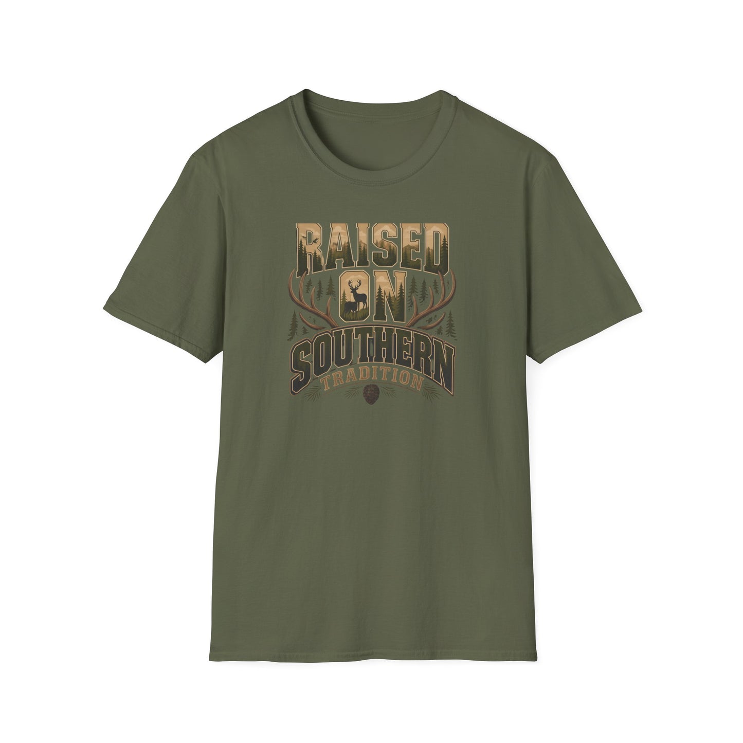 Raised On Southern Tradition Deer Antlers Pinecone T-Shirt