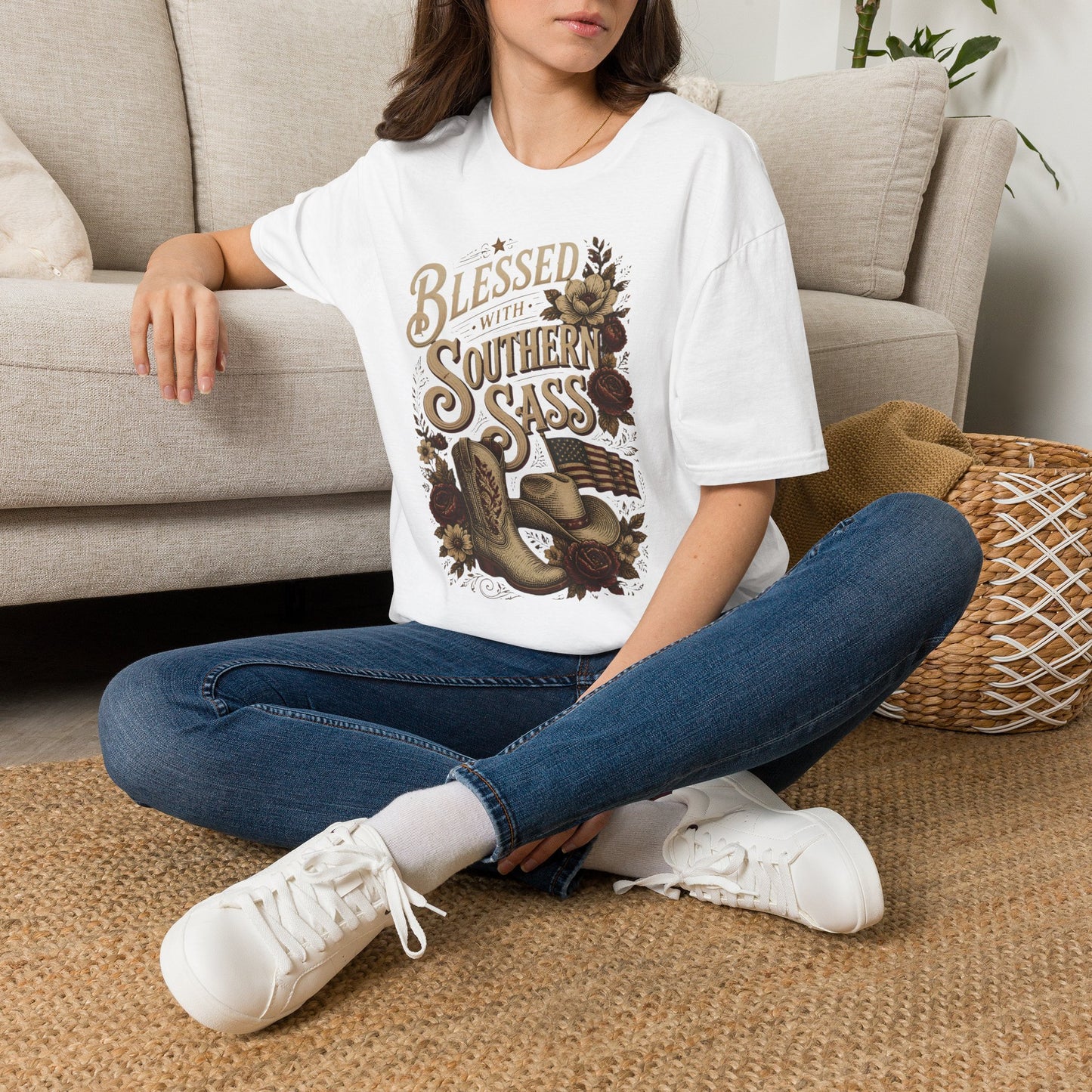 Blessed With Southern Sass Cowboy Boots Hat Flag T-Shirt