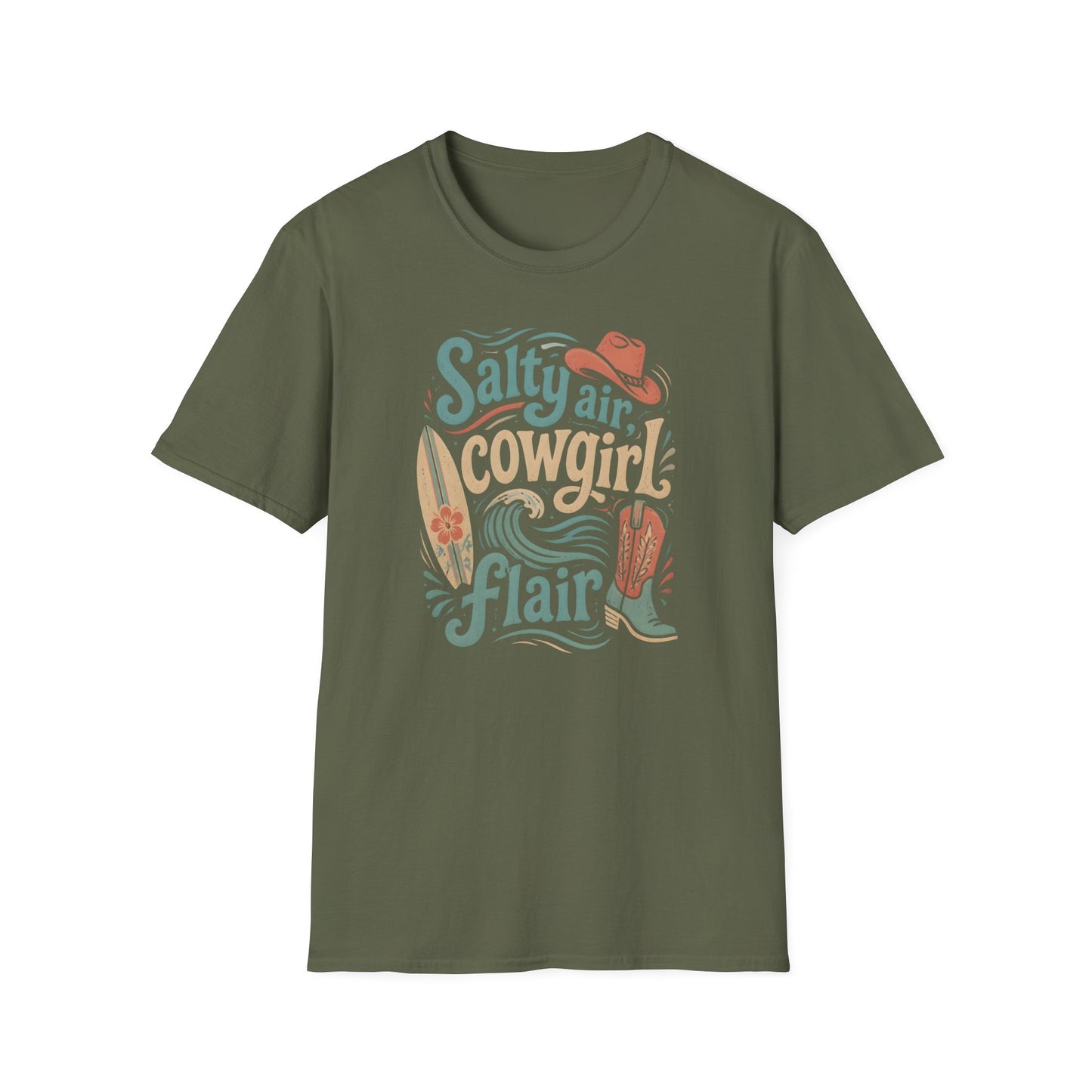 Salty Air Cowgirl Surfing Beach Western Boots Hat T-Shirt