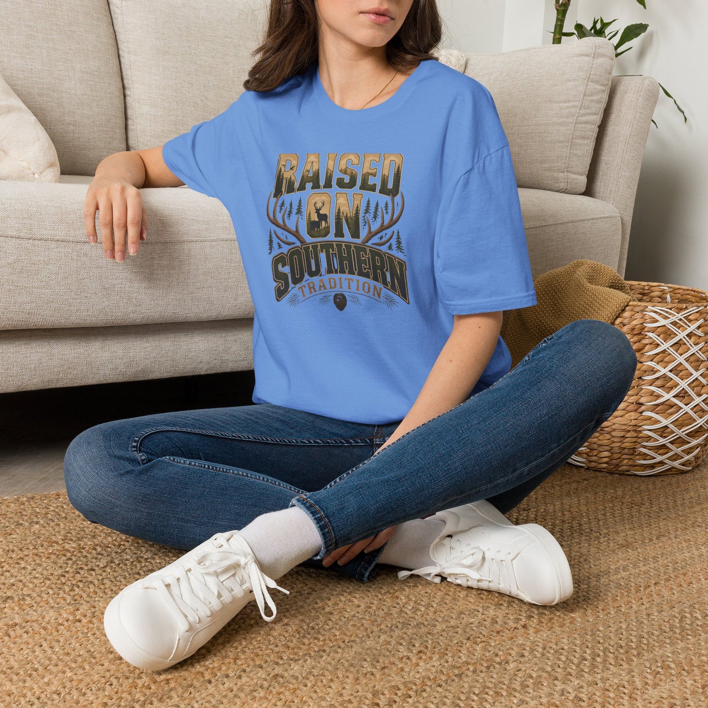 Raised On Southern Tradition Deer Antlers Pinecone T-Shirt