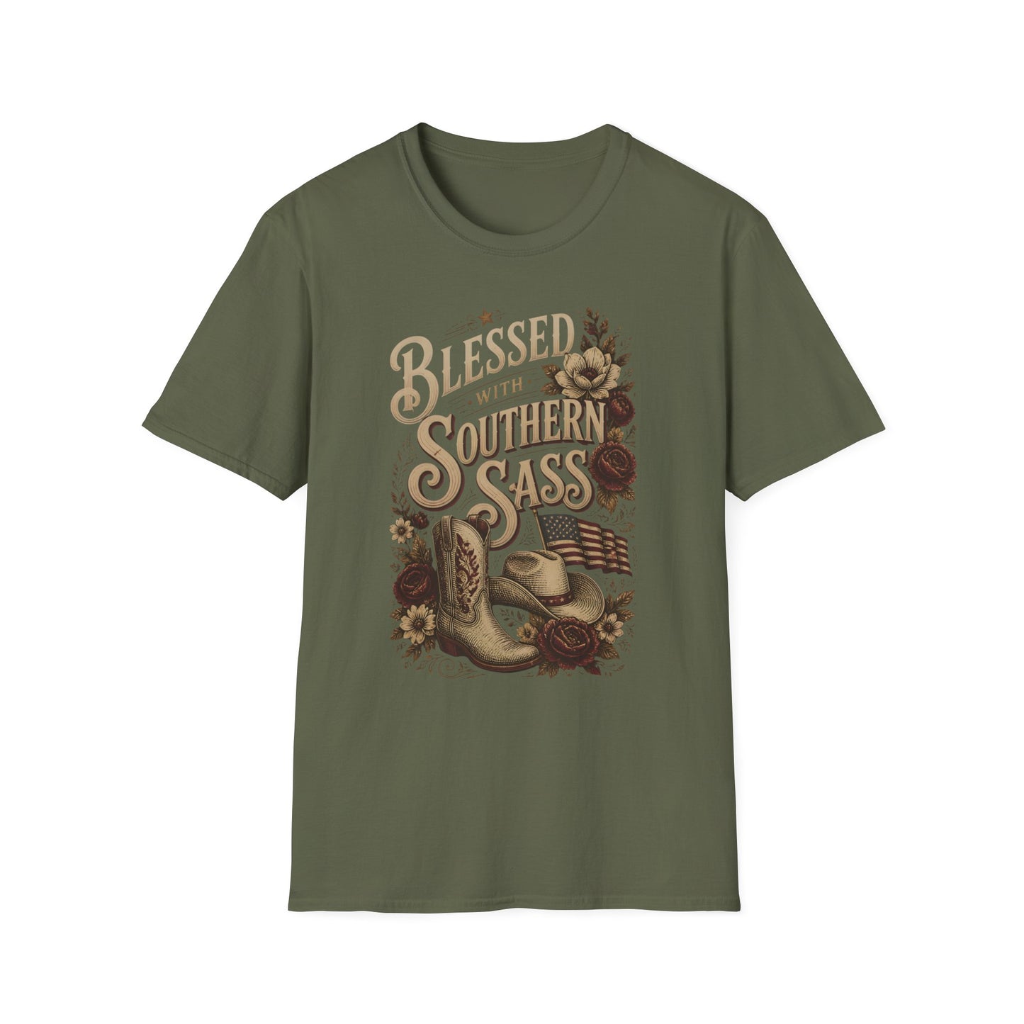 Blessed With Southern Sass Cowboy Boots Hat Flag T-Shirt