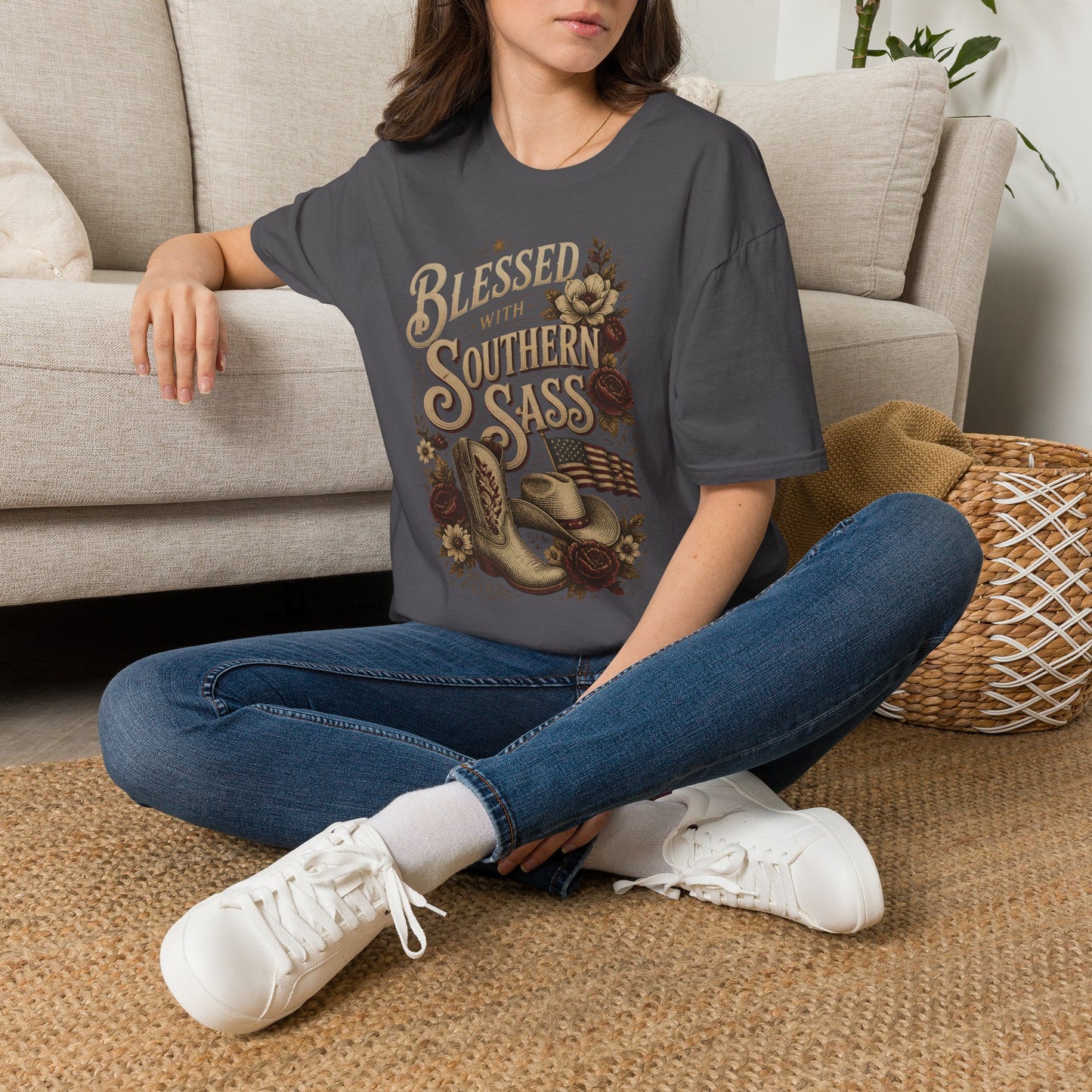 Blessed With Southern Sass Cowboy Boots Hat Flag T-Shirt