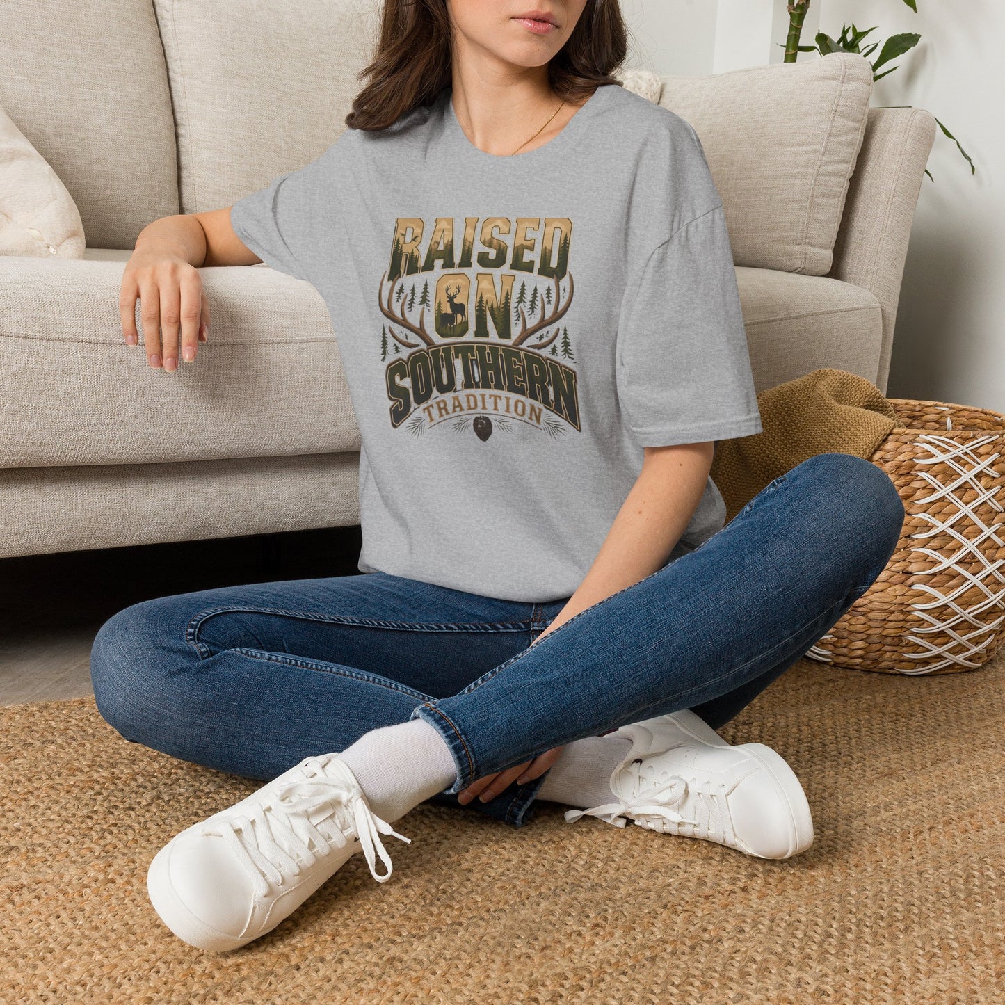 Raised On Southern Tradition Deer Antlers Pinecone T-Shirt