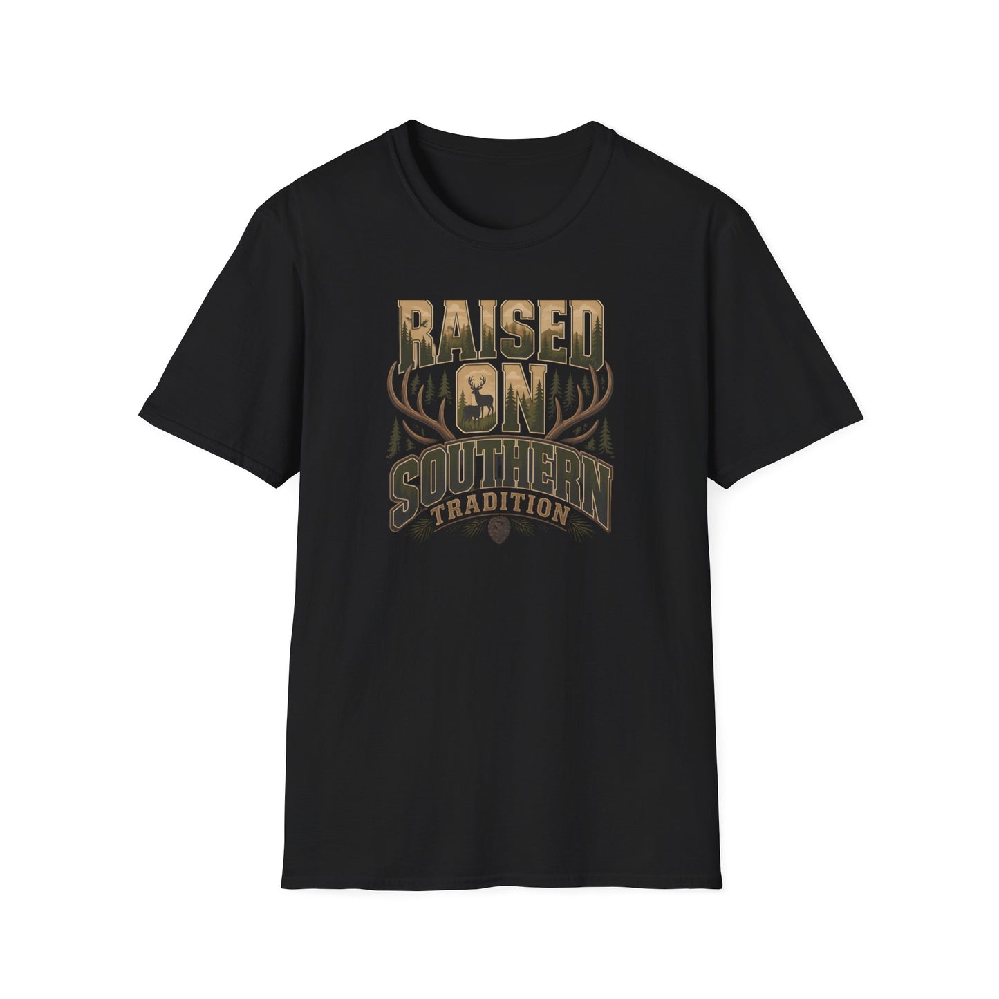 Raised On Southern Tradition Deer Antlers Pinecone T-Shirt