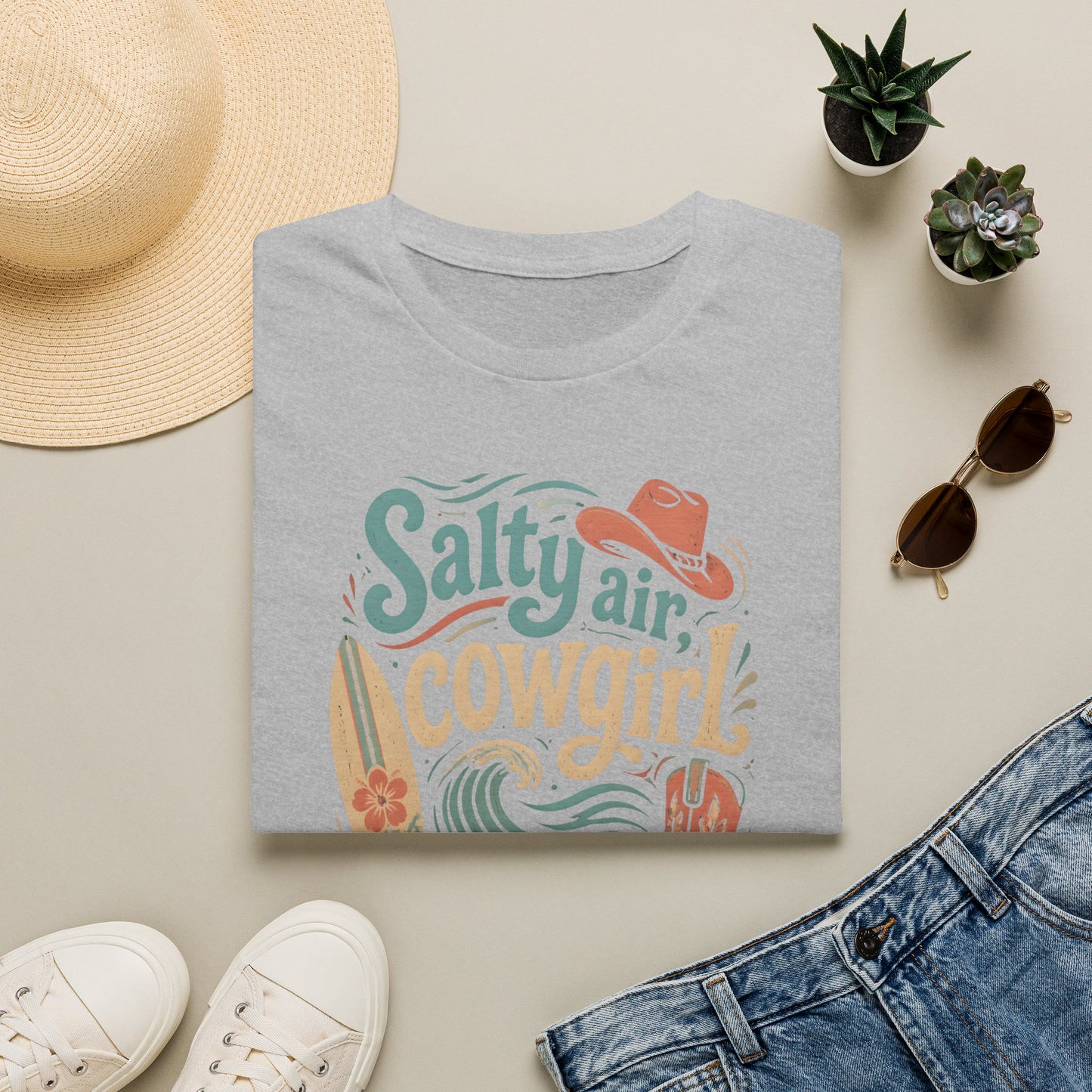 Salty Air Cowgirl Surfing Beach Western Boots Hat T-Shirt