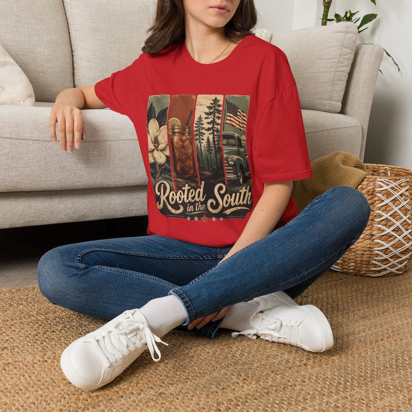 Rooted South Vintage Mason Jar Magnolia Flag T-Shirt