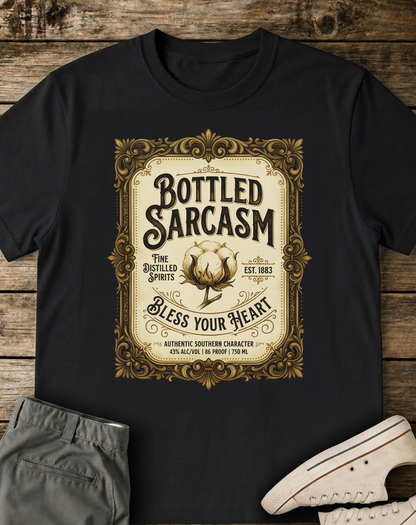 Bottled Sarcasm Vintage Label Graphic T-Shirt - HomeGrown South Graphic Tee (View 1)