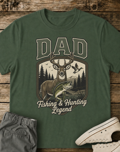 Dad Fishing & Hunting Legend Outdoor  for Fishermen and Hunters T-Shirt - HomeGrown South Graphic Tee (View 1)
