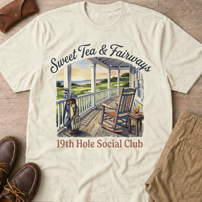 Sweet Tea & Fairways: 19th Hole Social Club Vintage Porch T-Shirt - HomeGrown South Graphic Tee (View 1)