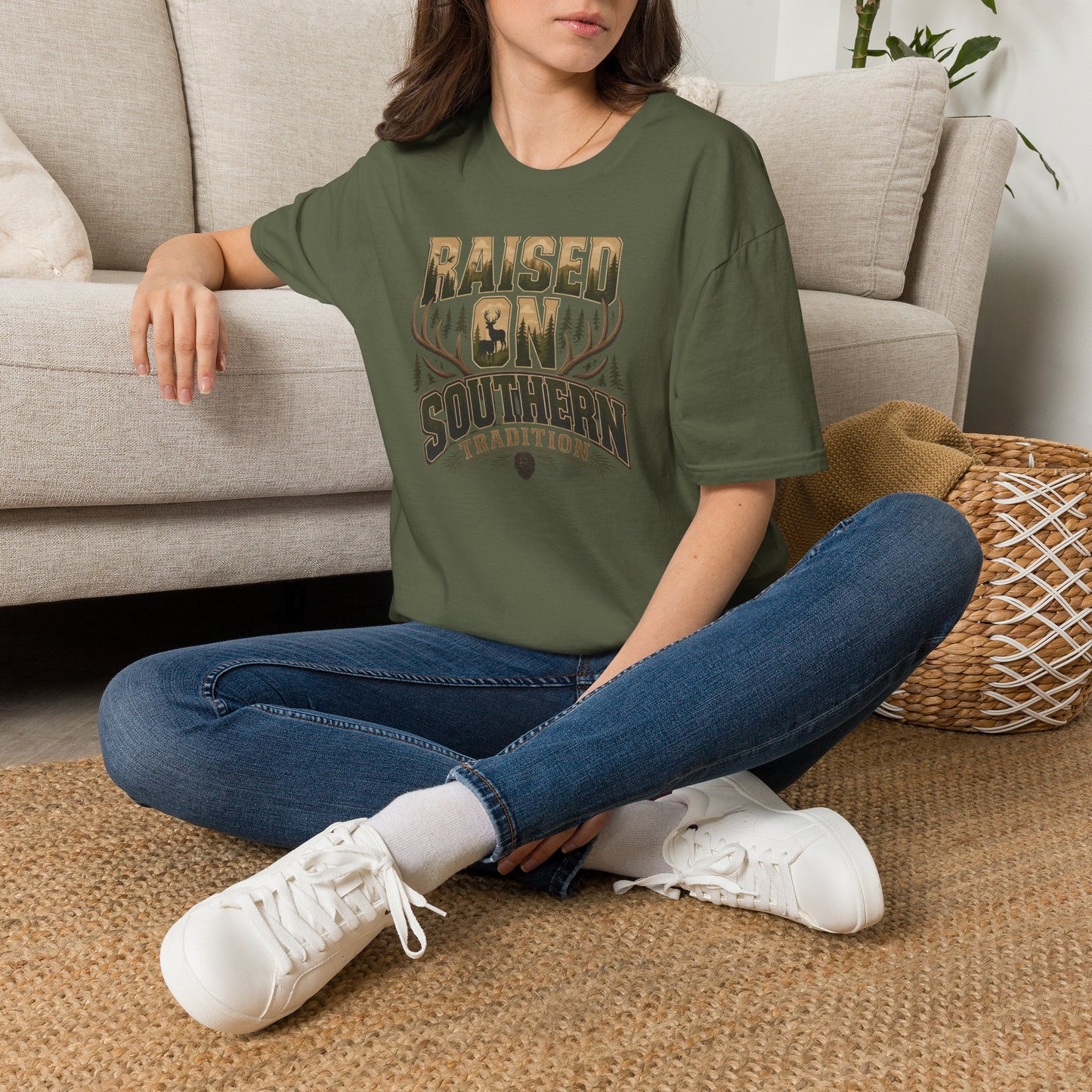 Raised On Southern Tradition Deer Antlers Pinecone T-Shirt