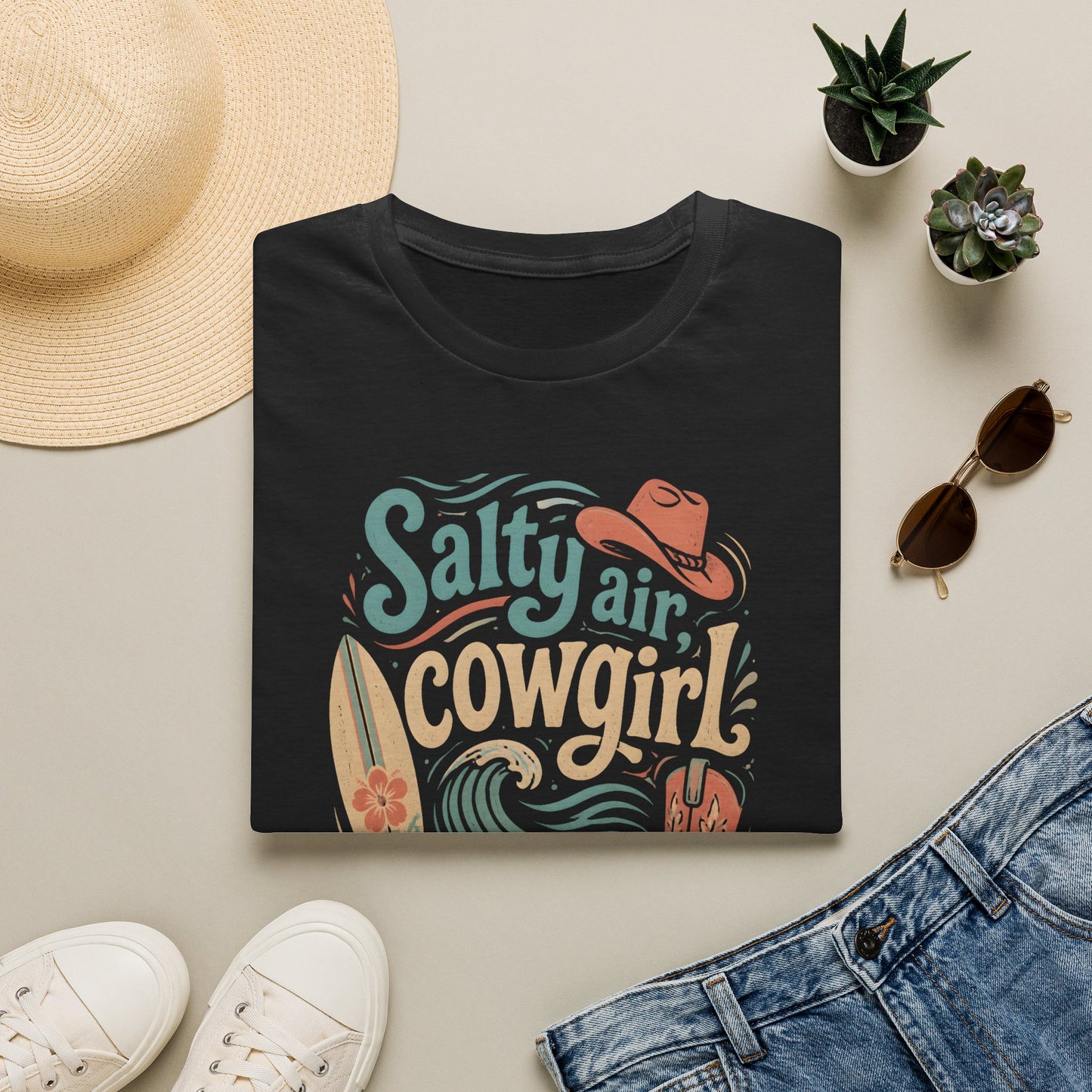 Salty Air Cowgirl Surfing Beach Western Boots Hat T-Shirt