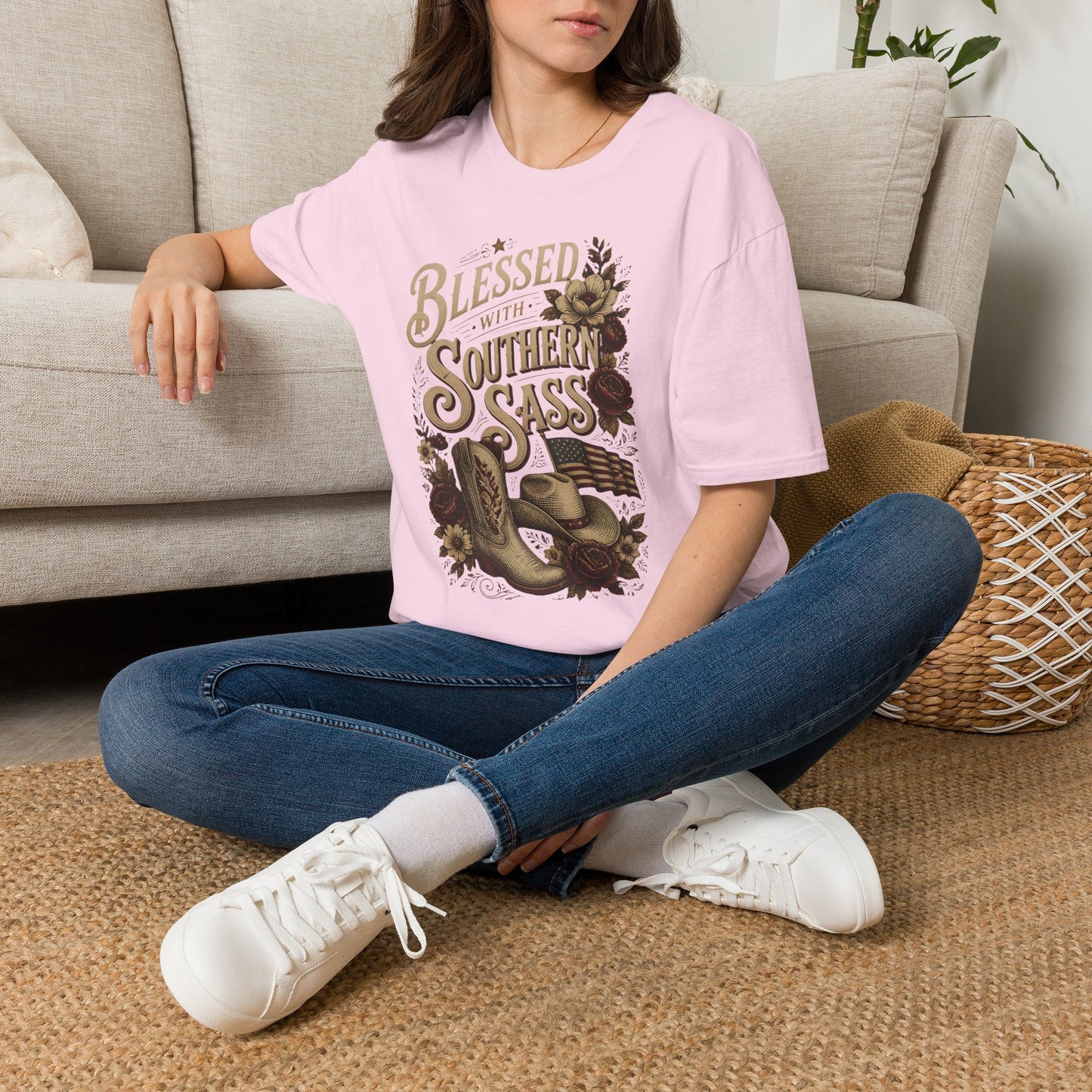Blessed With Southern Sass Cowboy Boots Hat Flag T-Shirt