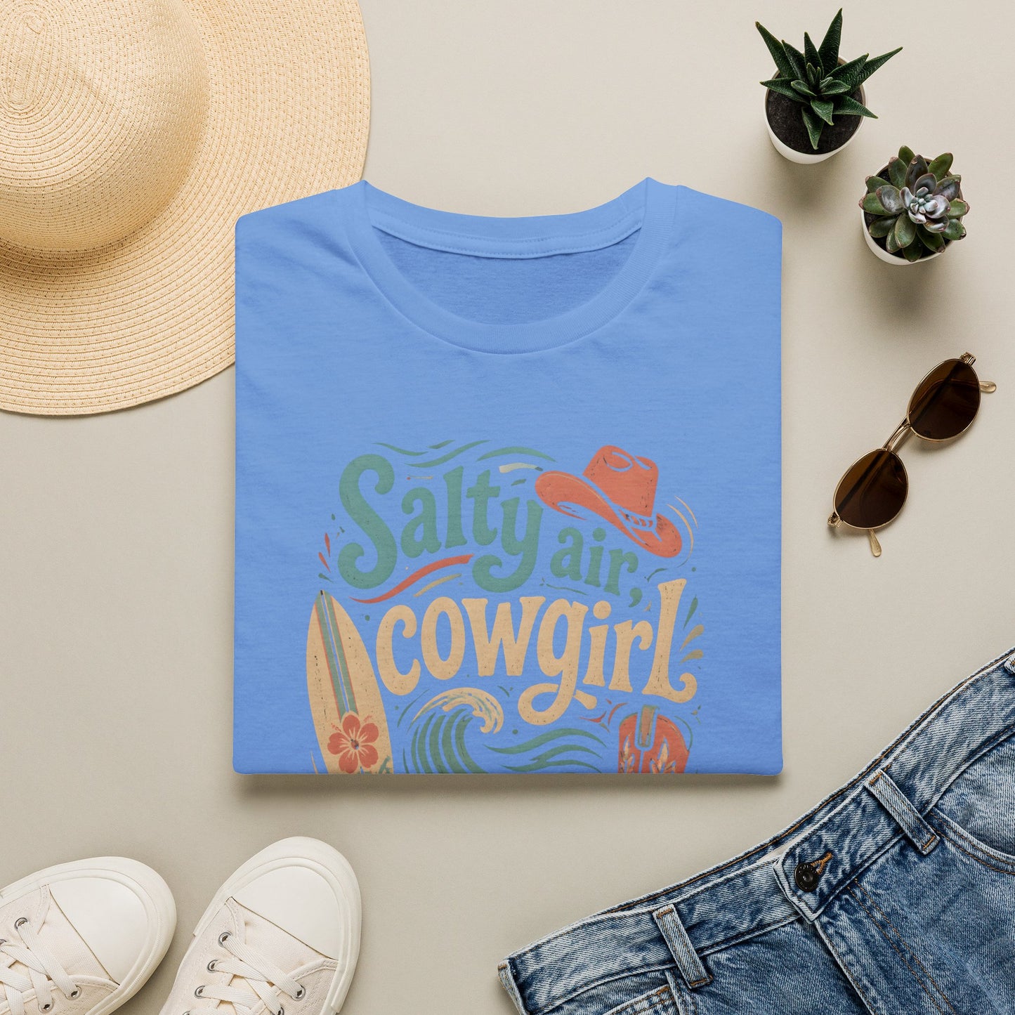 Salty Air Cowgirl Surfing Beach Western Boots Hat T-Shirt