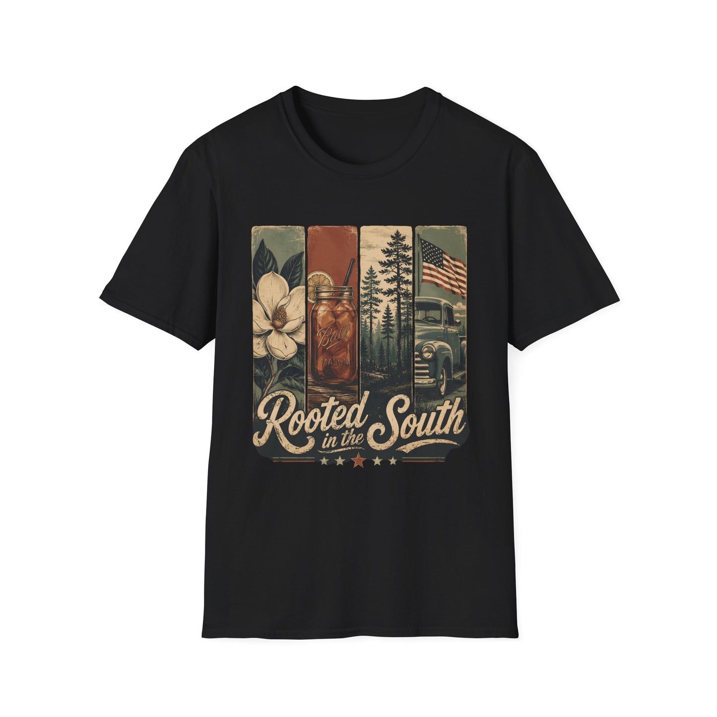 Rooted South Vintage Mason Jar Magnolia Flag T-Shirt