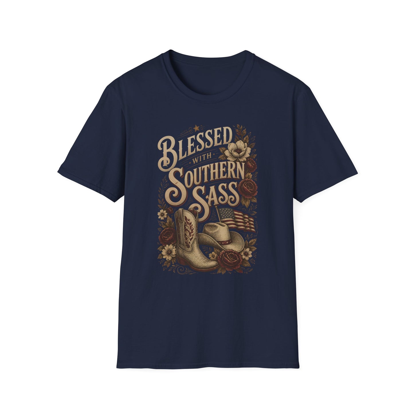 Blessed With Southern Sass Cowboy Boots Hat Flag T-Shirt