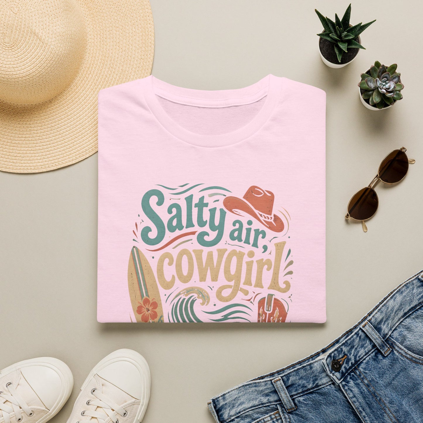 Salty Air Cowgirl Surfing Beach Western Boots Hat T-Shirt
