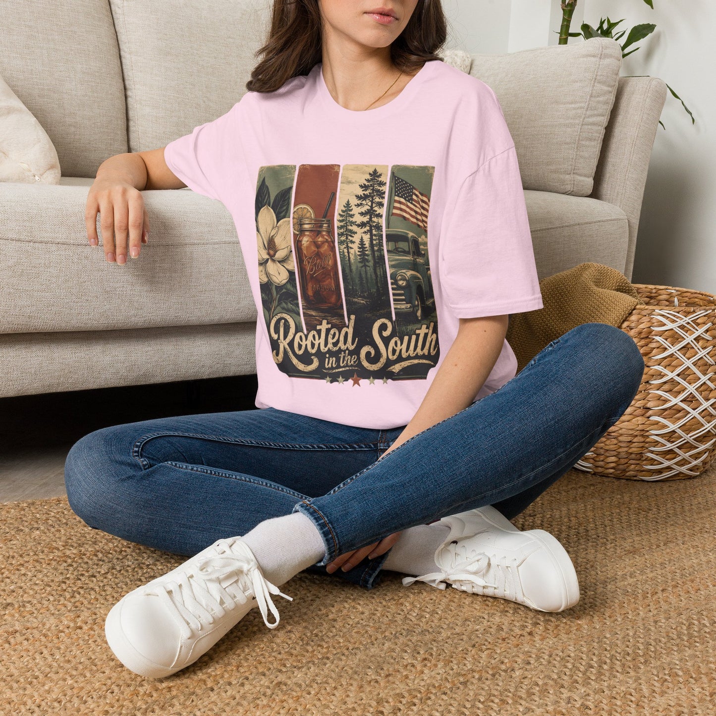 Rooted South Vintage Mason Jar Magnolia Flag T-Shirt