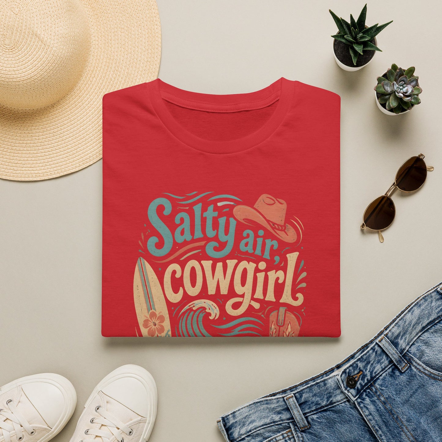 Salty Air Cowgirl Surfing Beach Western Boots Hat T-Shirt