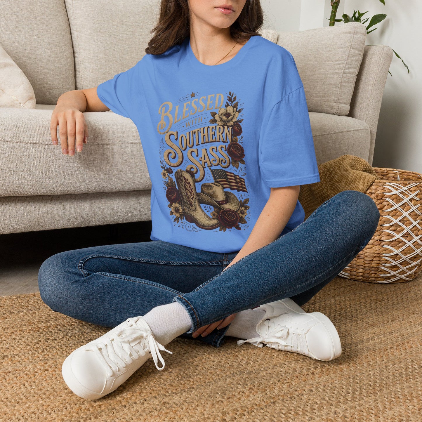 Blessed With Southern Sass Cowboy Boots Hat Flag T-Shirt