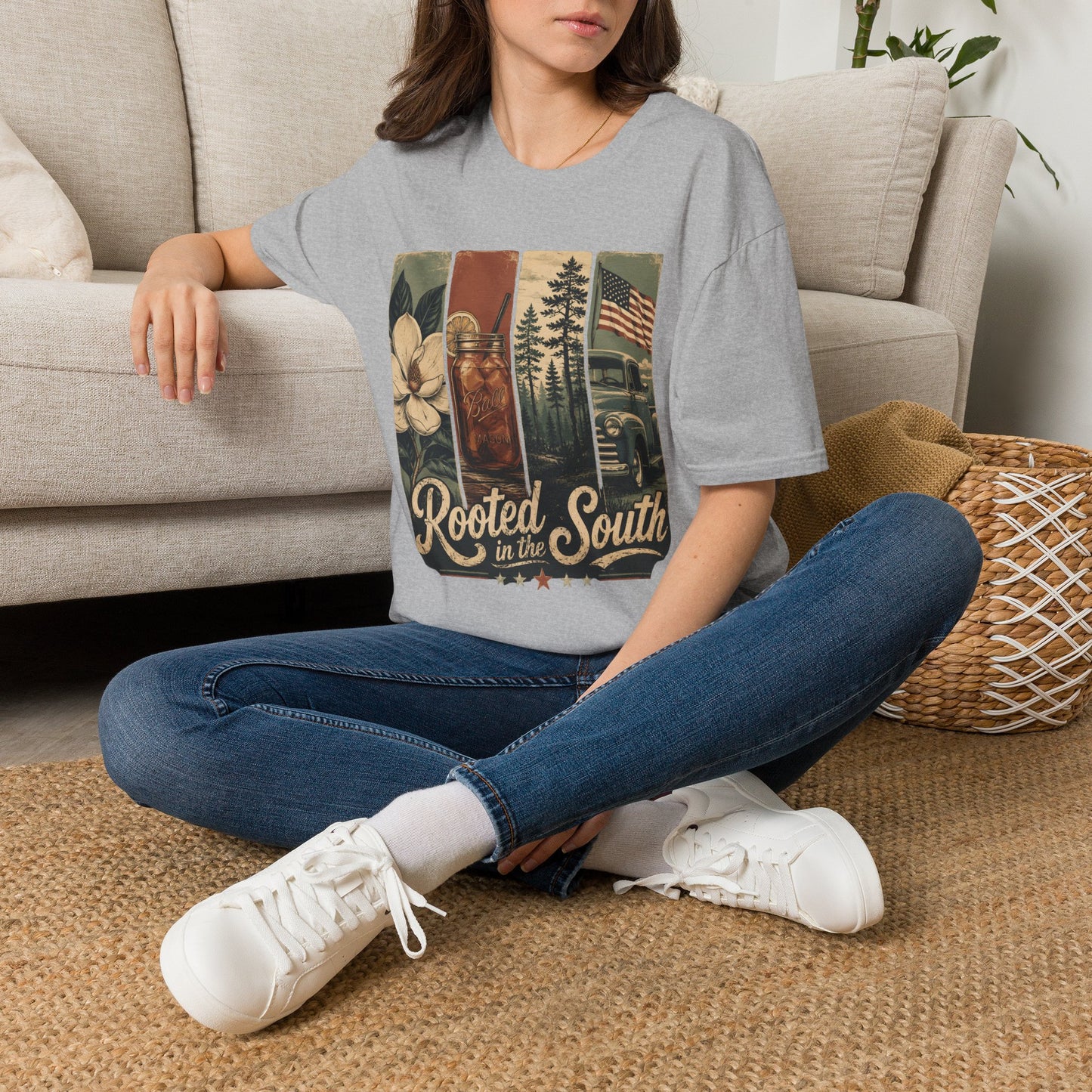 Rooted South Vintage Mason Jar Magnolia Flag T-Shirt