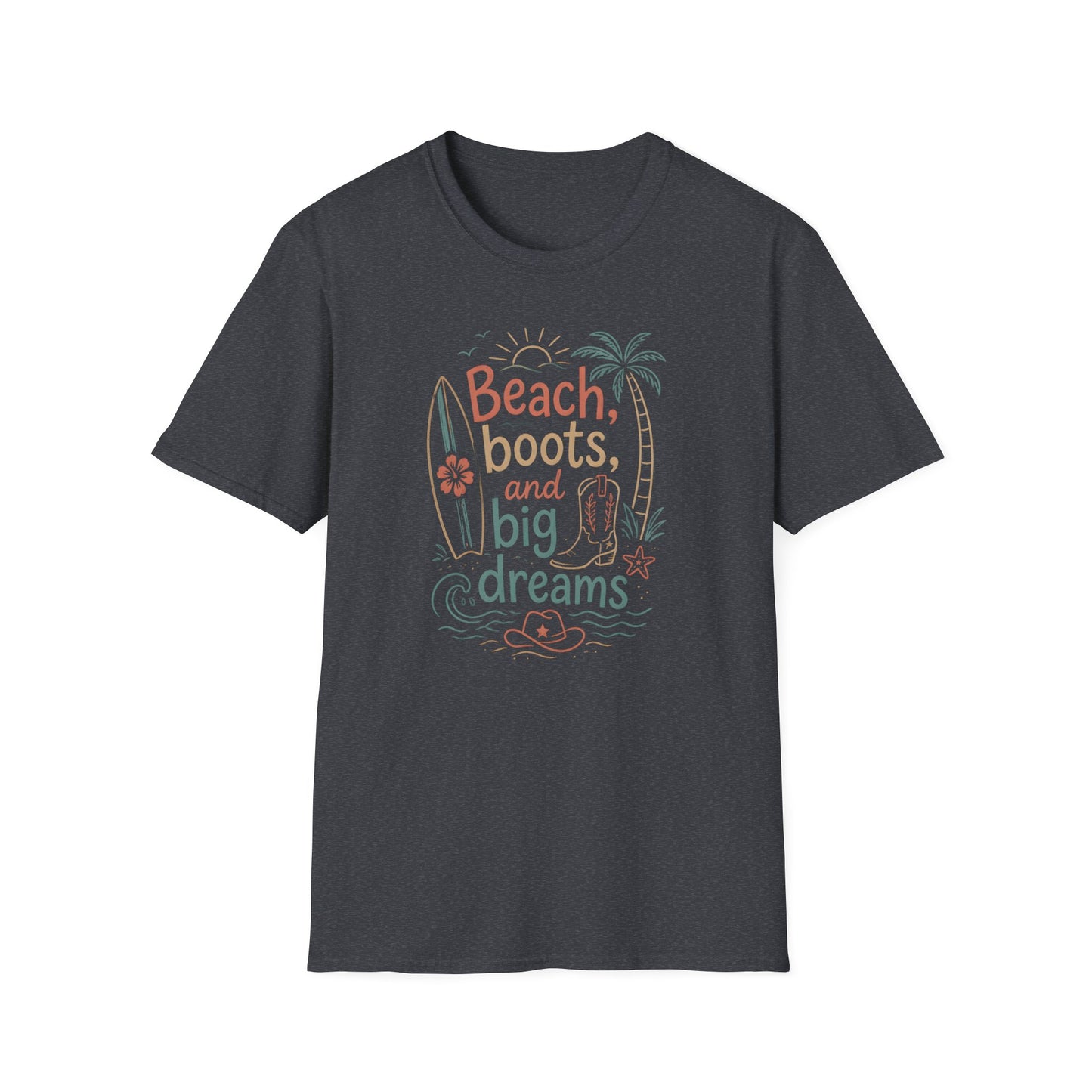 Beach Boots Big Dreams Surf Palm Tree Summer Vacation T-Shirt