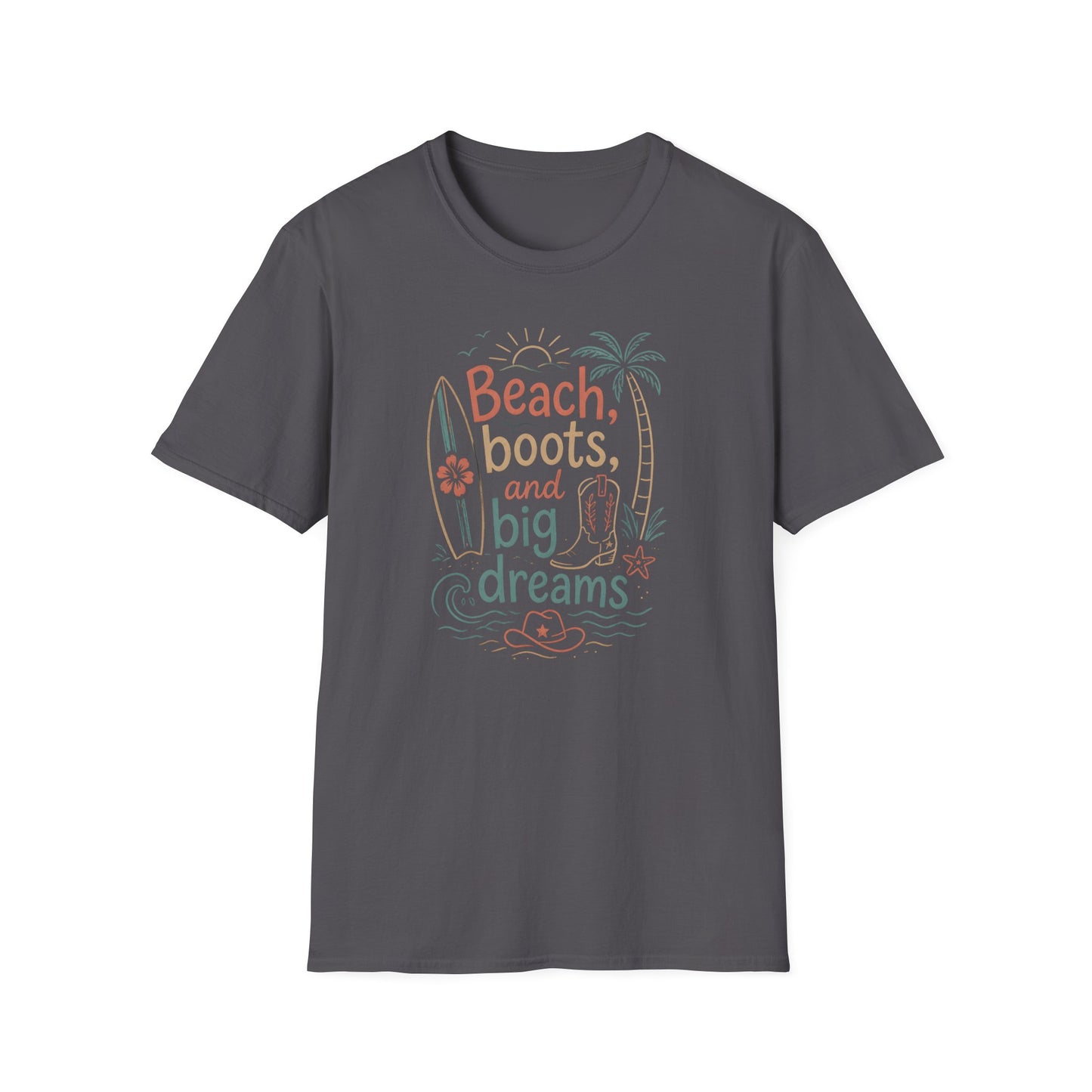 Beach Boots Big Dreams Surf Palm Tree Summer Vacation T-Shirt