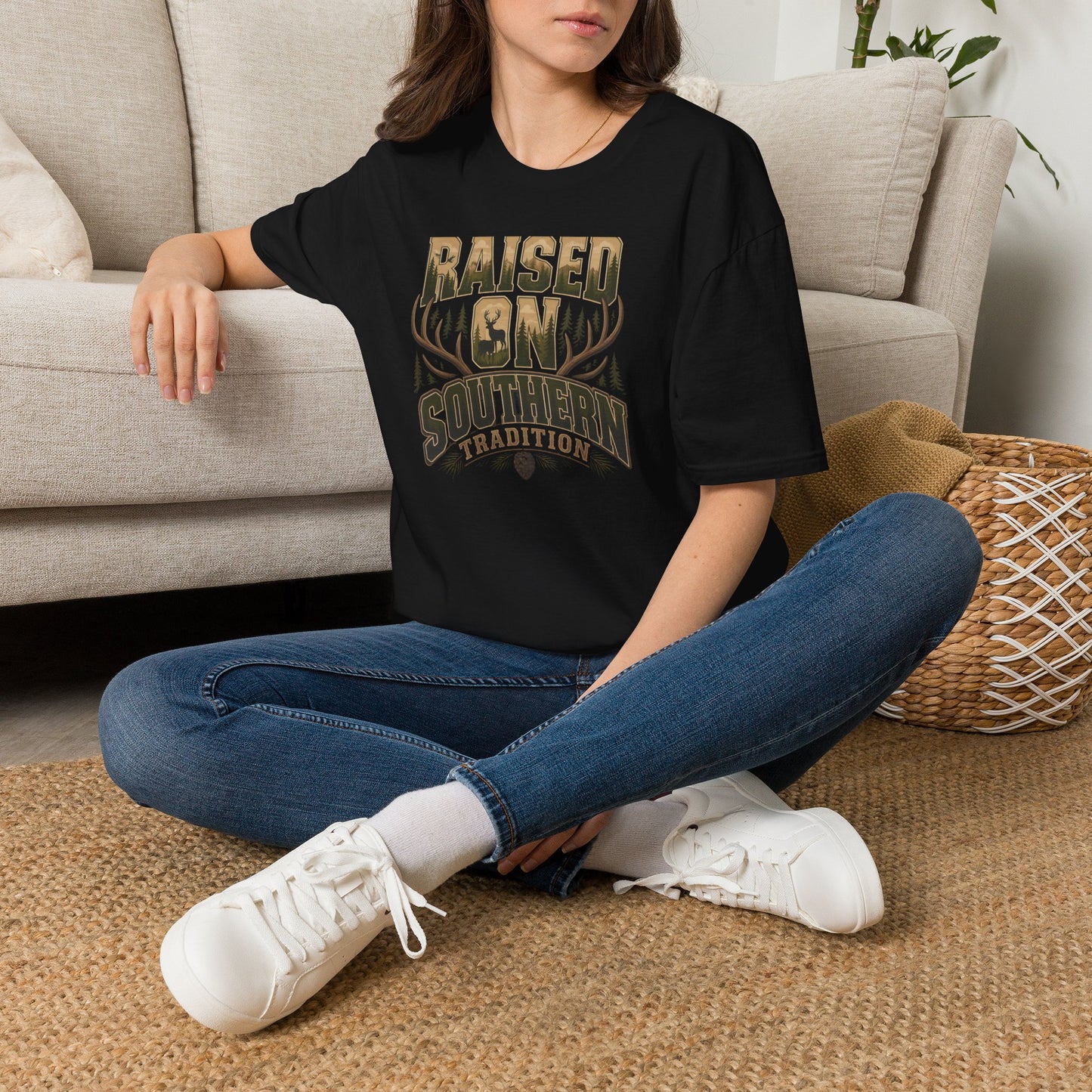 Raised On Southern Tradition Deer Antlers Pinecone T-Shirt