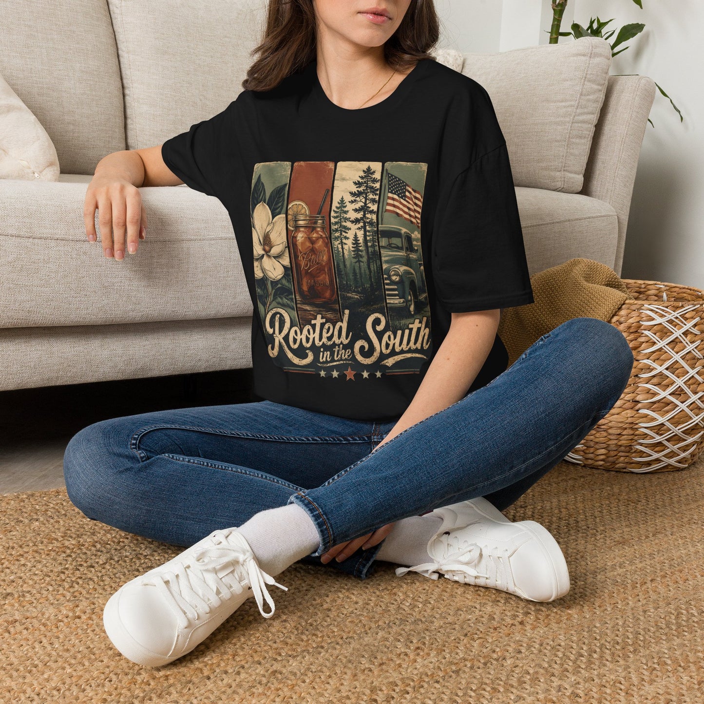 Rooted South Vintage Mason Jar Magnolia Flag T-Shirt