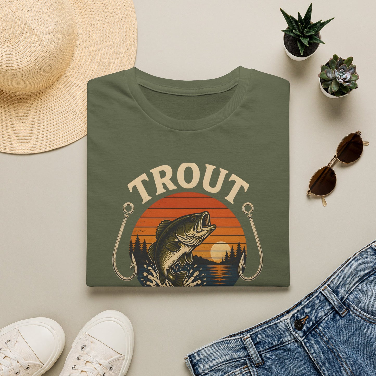 Trout Fishing Outdoors Bass Angler Fisherman Nature Sunset T-Shirt