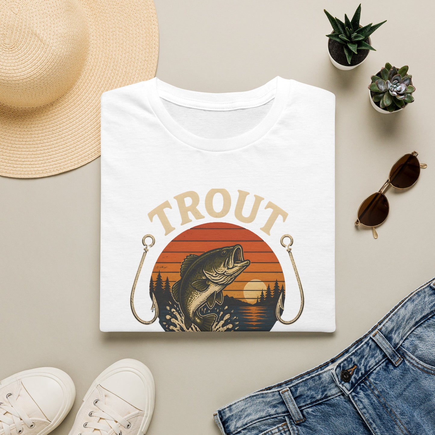 Trout Fishing Outdoors Bass Angler Fisherman Nature Sunset T-Shirt