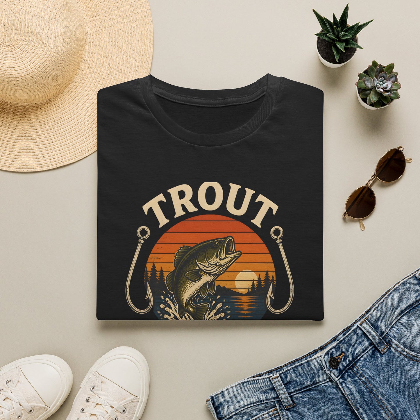 Trout Fishing Outdoors Bass Angler Fisherman Nature Sunset T-Shirt