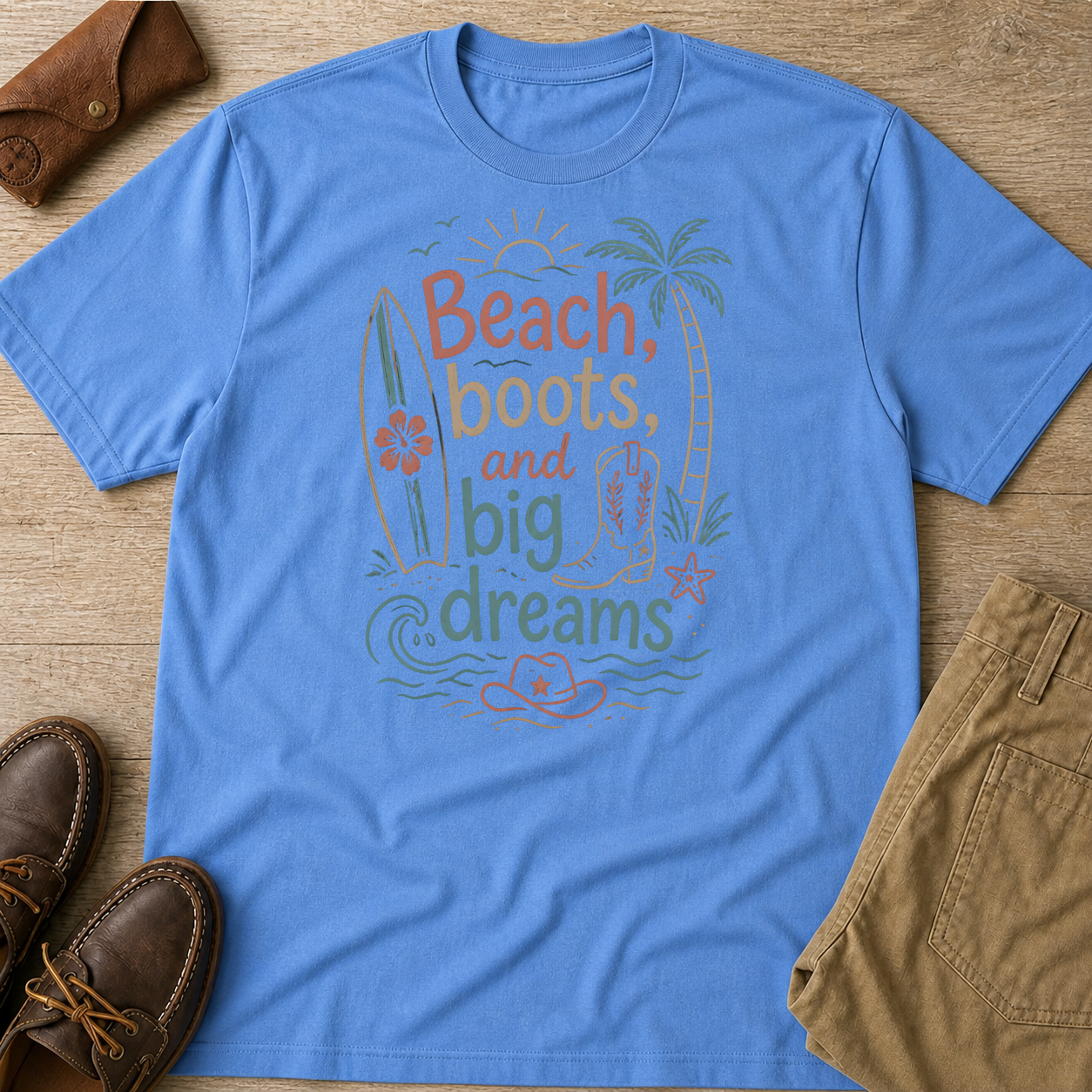 Beach Boots Big Dreams Surf Palm Tree Summer Vacation T-Shirt Carolina Blue t-shirt flat lay mockup