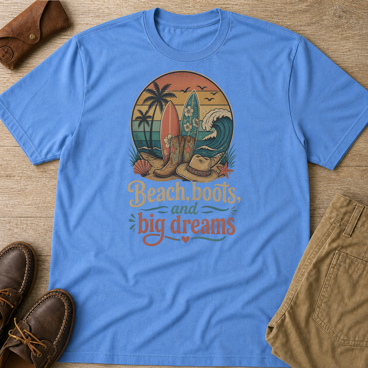 Beach Boots Surfing Big Dreams Summer Vacation Ocean Carolina Blue t-shirt flat lay mockup