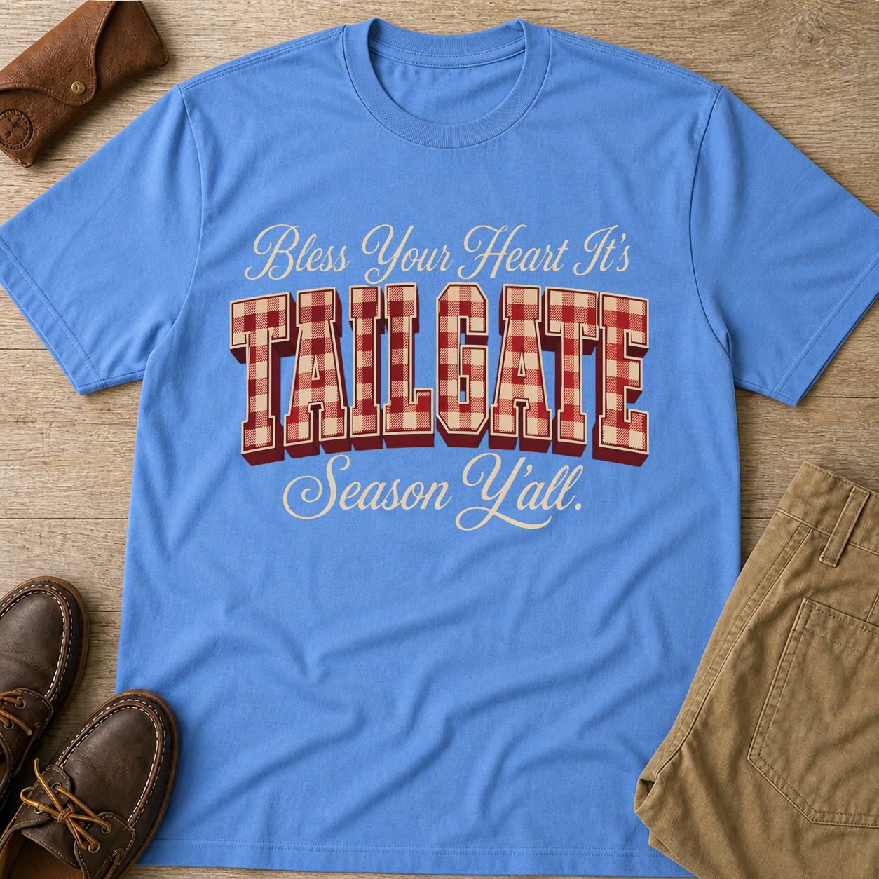 Bless Your Heart Its Tailgate Season Yall T-Shirt Carolina Blue t-shirt flat lay mockup