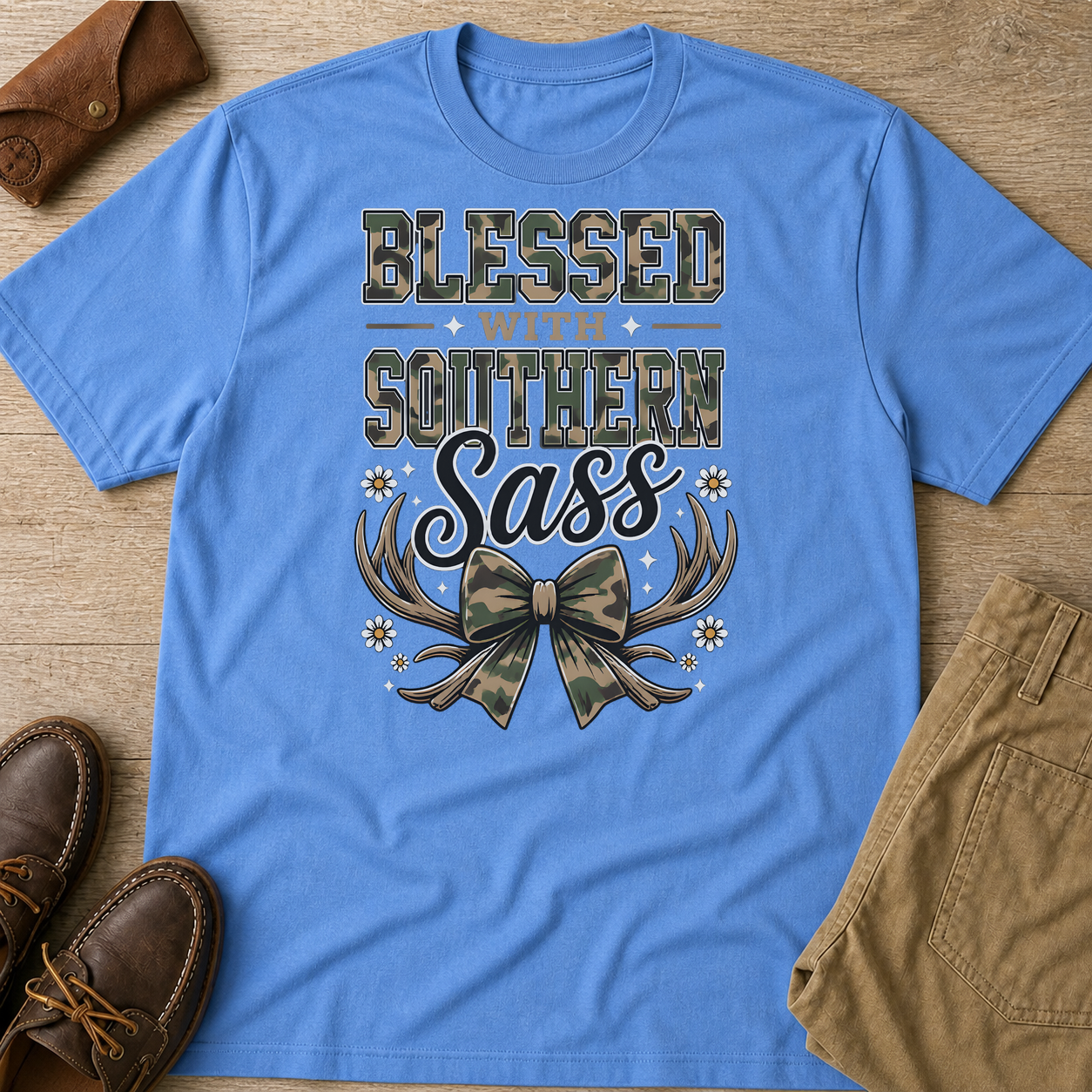 Blessed With Southern Sass Camouflage T-Shirt Carolina Blue t-shirt flat lay mockup