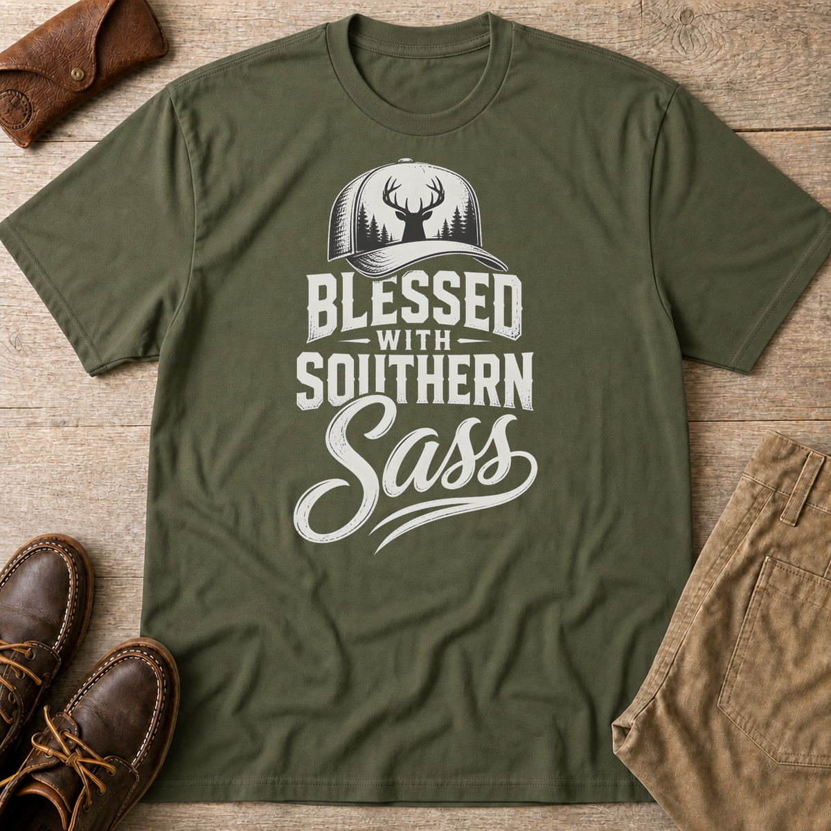 Military Green custom flatlay mockup