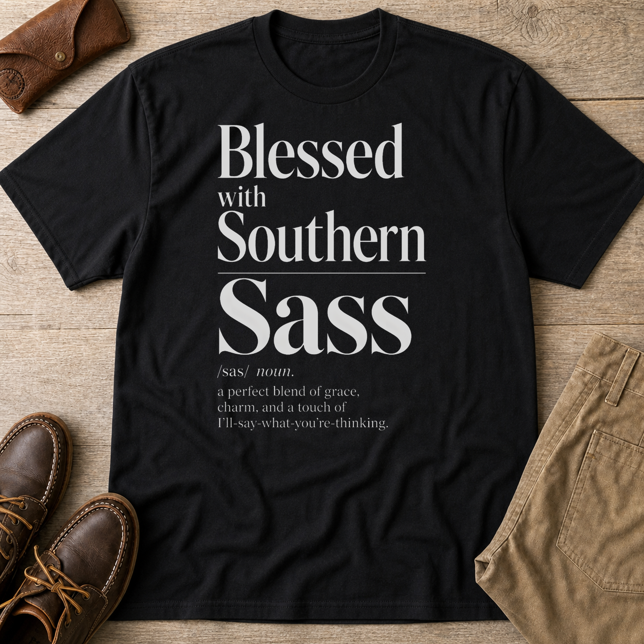 Blessed With Southern Sass Definition T-Shirt Black t-shirt flat lay mockup