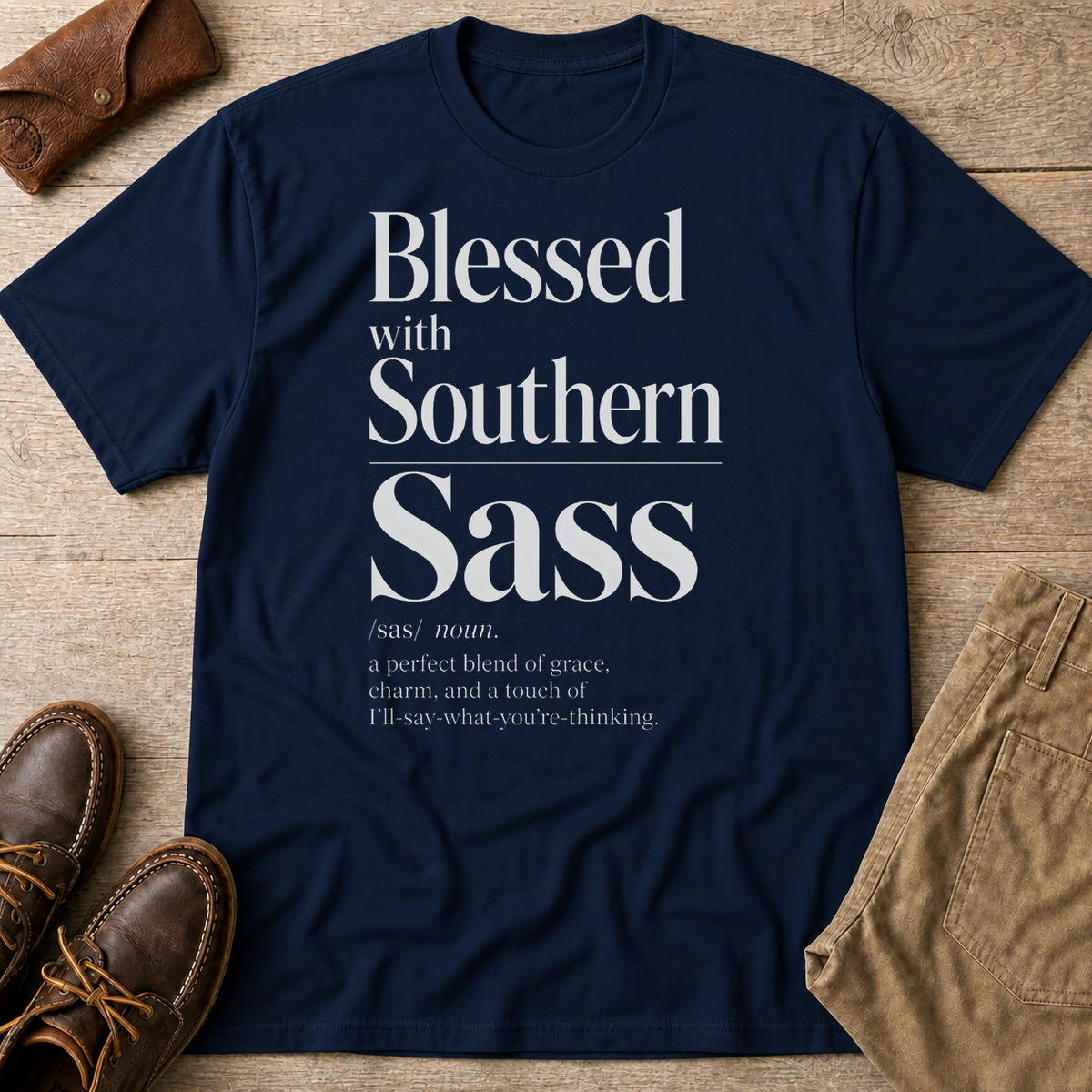 Navy custom flatlay mockup