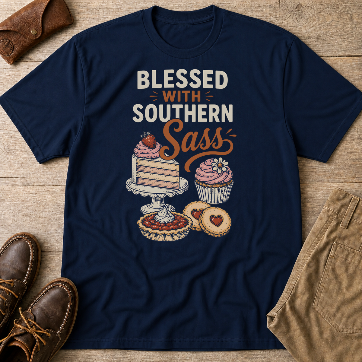 Navy custom flatlay mockup