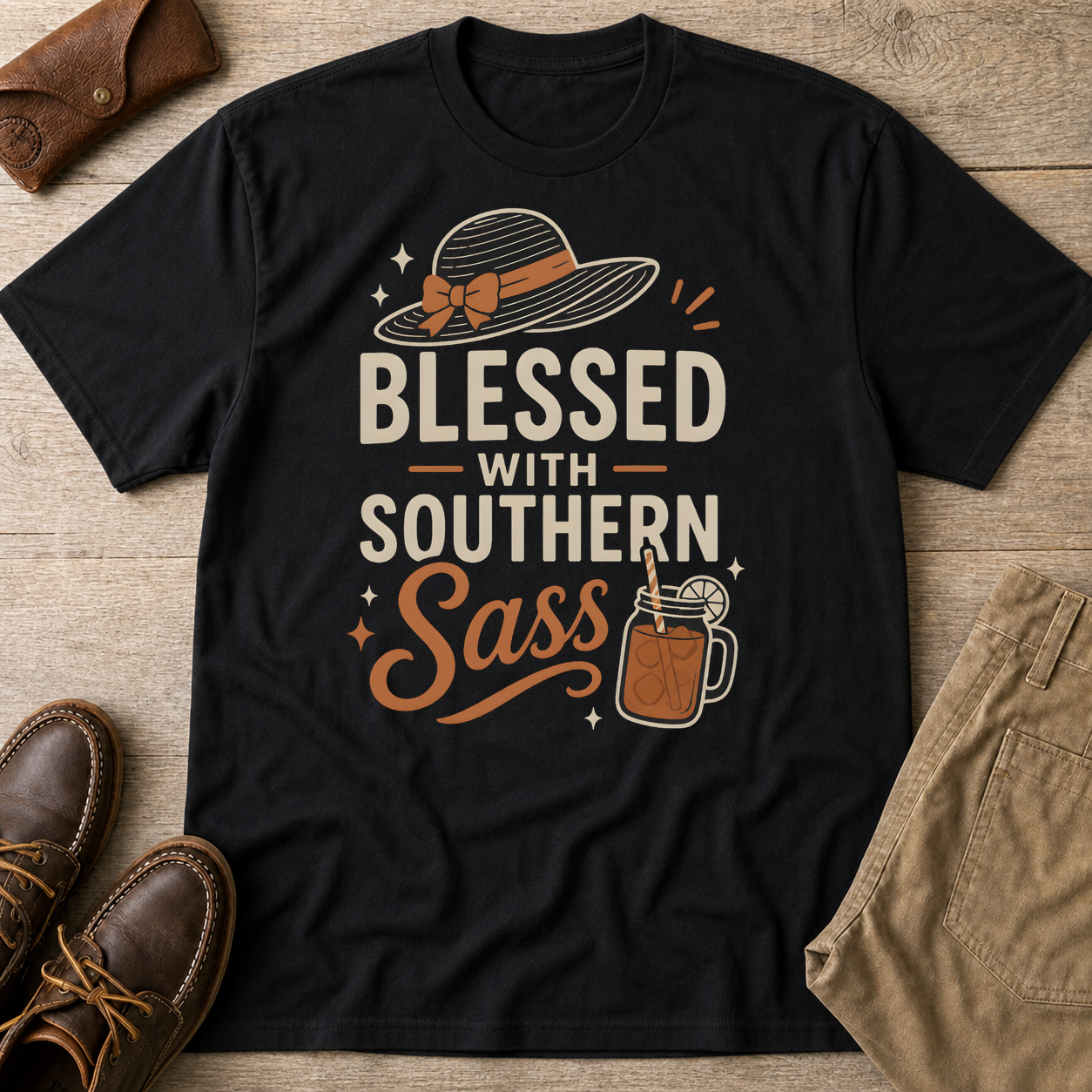 Blessed With Southern Sass Hat And Sweet Tea T-Shirt Black t-shirt flat lay mockup