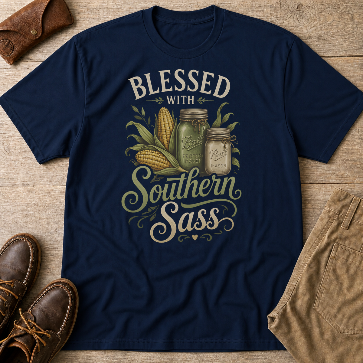 Navy custom flatlay mockup