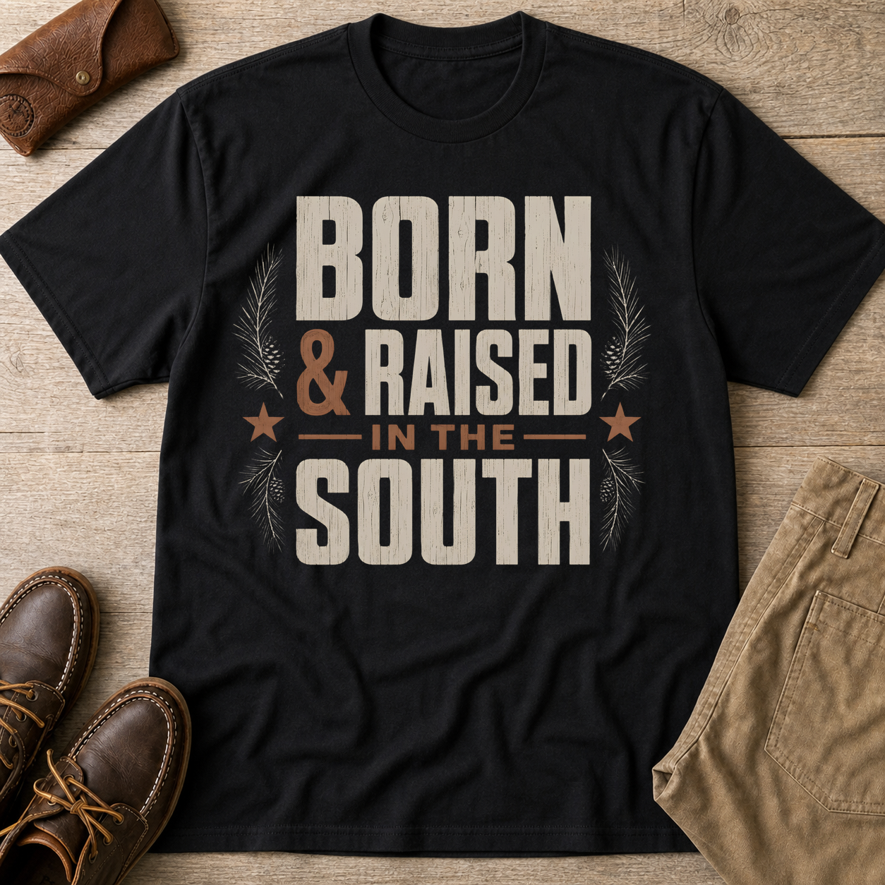 Born Raised In The South Rustic Country T-Shirt Black t-shirt flat lay mockup