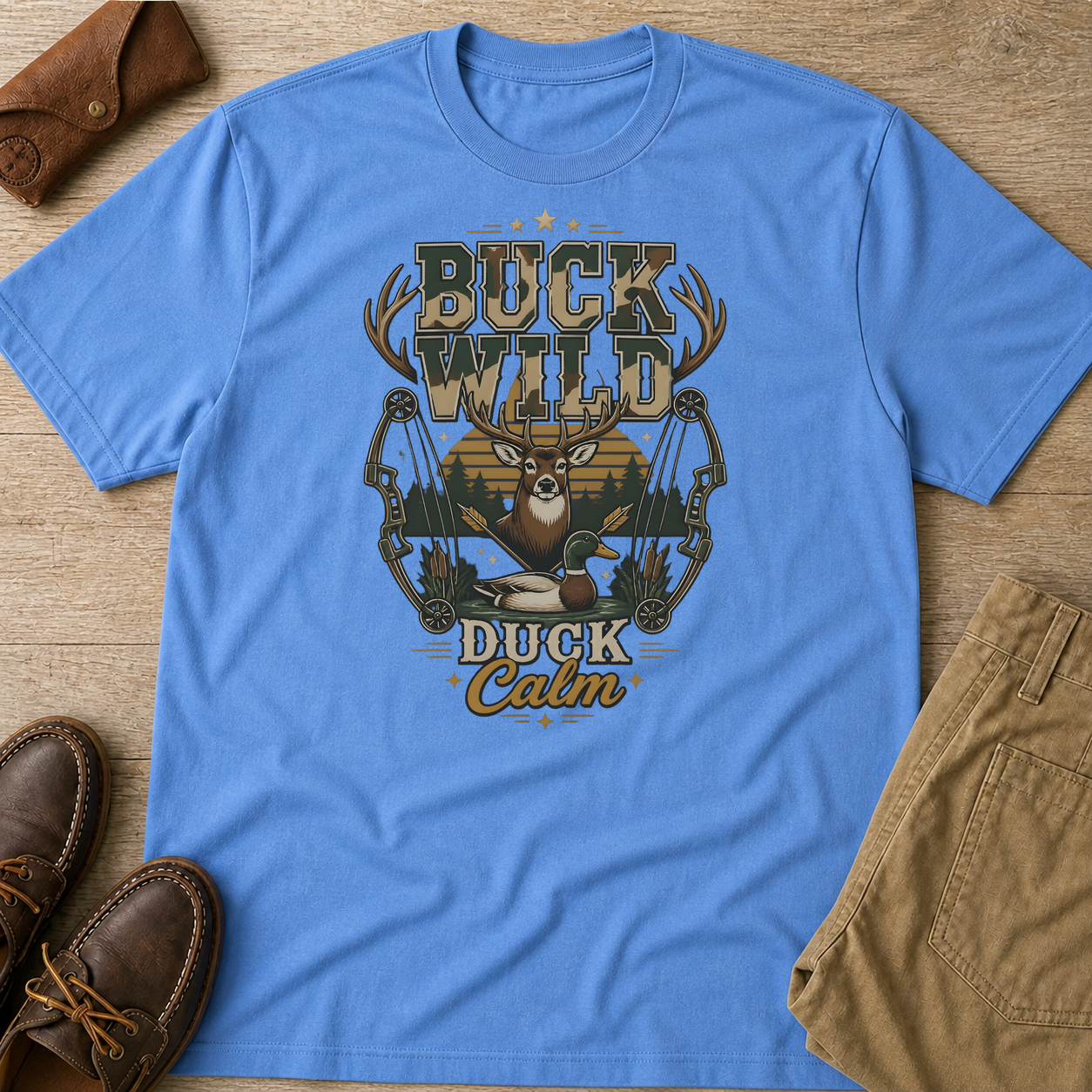 Buck Wild Duck Calm Hunting Deer Bow Archery Outdoors T-Shirt Carolina Blue t-shirt flat lay mockup