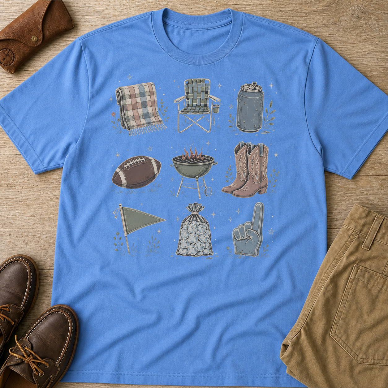 Camping Essentials Outdoor Adventure Set T-Shirt Carolina Blue t-shirt flat lay mockup