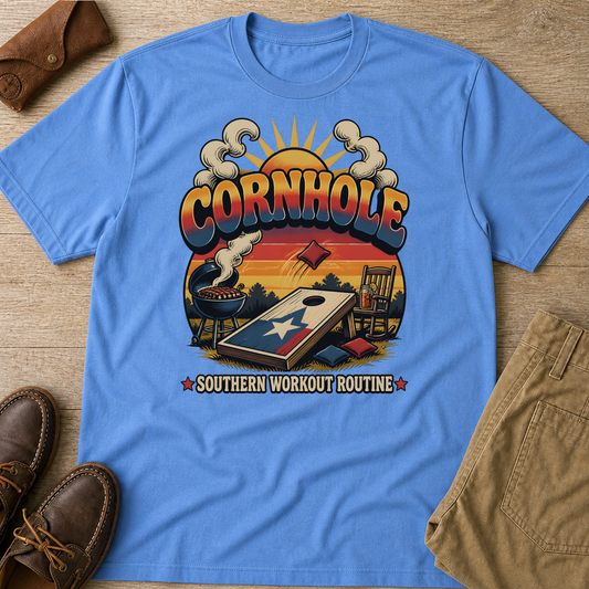 Cornhole Southern Workout Routine Fun Game T-Shirt Carolina Blue t-shirt flat lay mockup