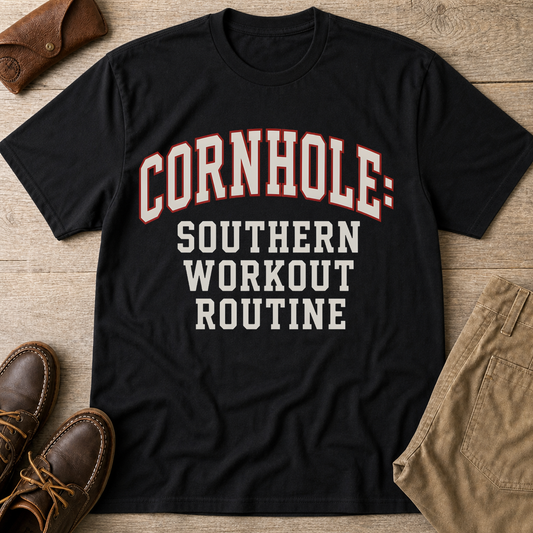 Cornhole Southern Workout Routine T-Shirt Black t-shirt flat lay mockup