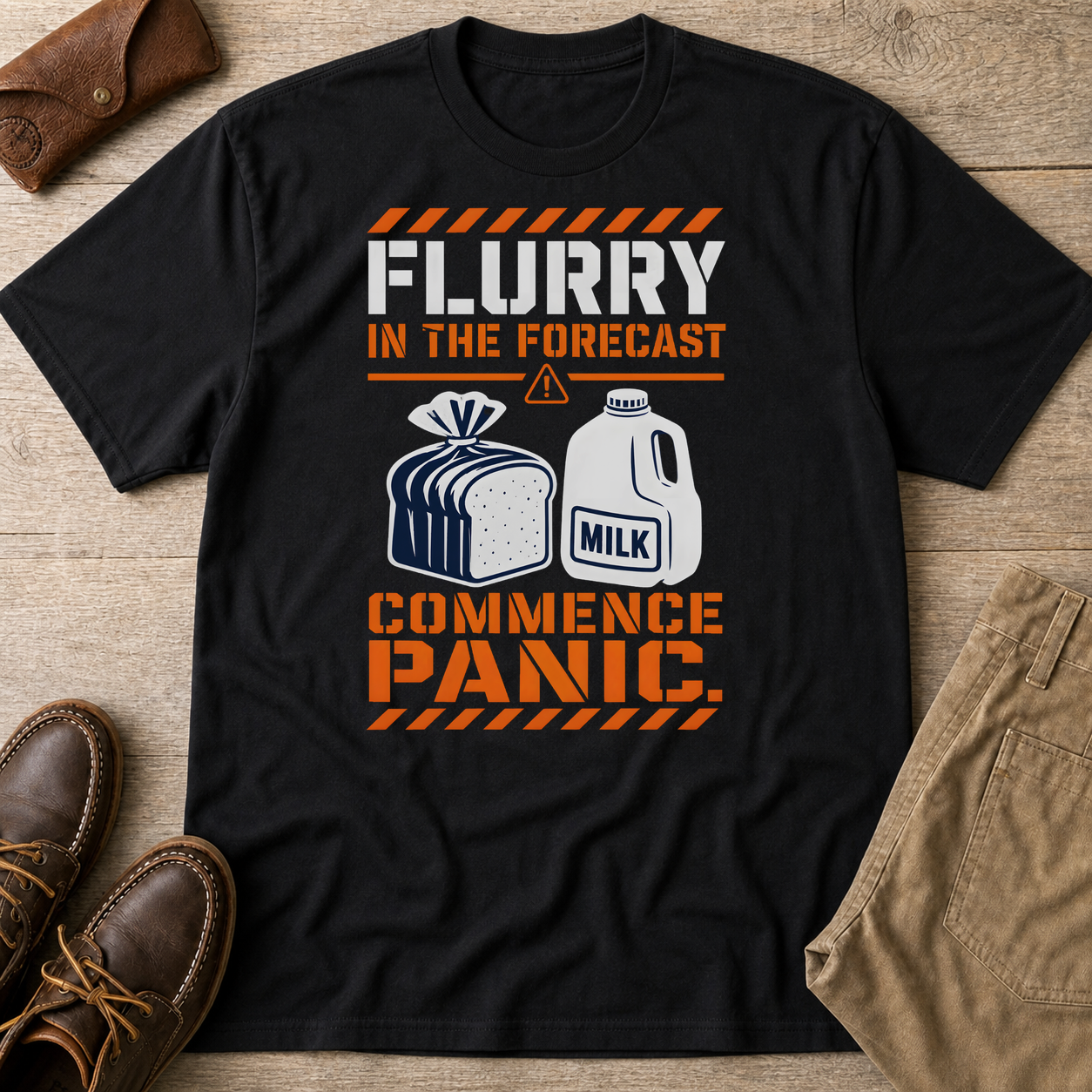 Flurry In The Forecast Commence Panic T-Shirt Black t-shirt flat lay mockup